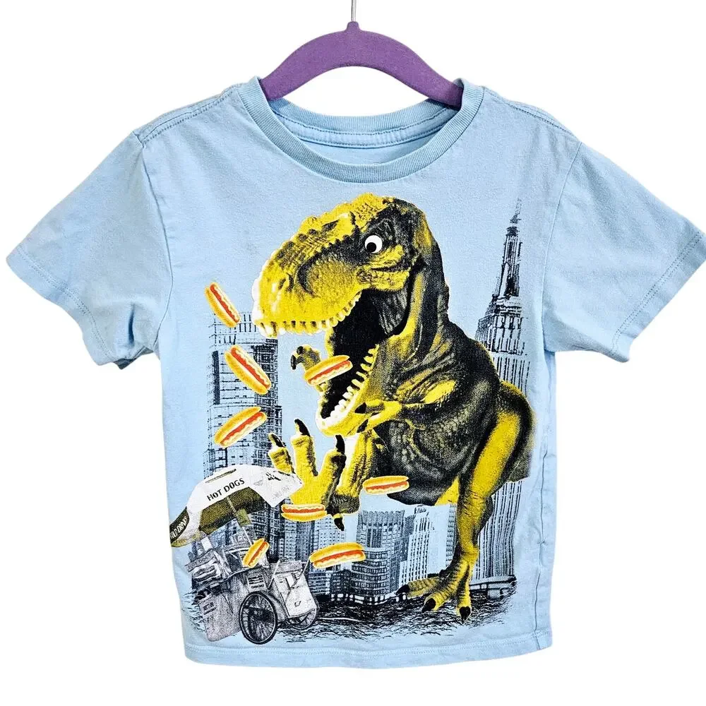 Childrens Place Boys Size XS Short Sleeve T-Rex Destruction Tee Shirt Blue City